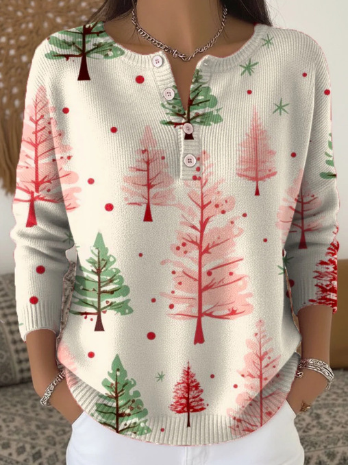 Women's Christmas Dinosaur Forest Print Button Sweatshirt