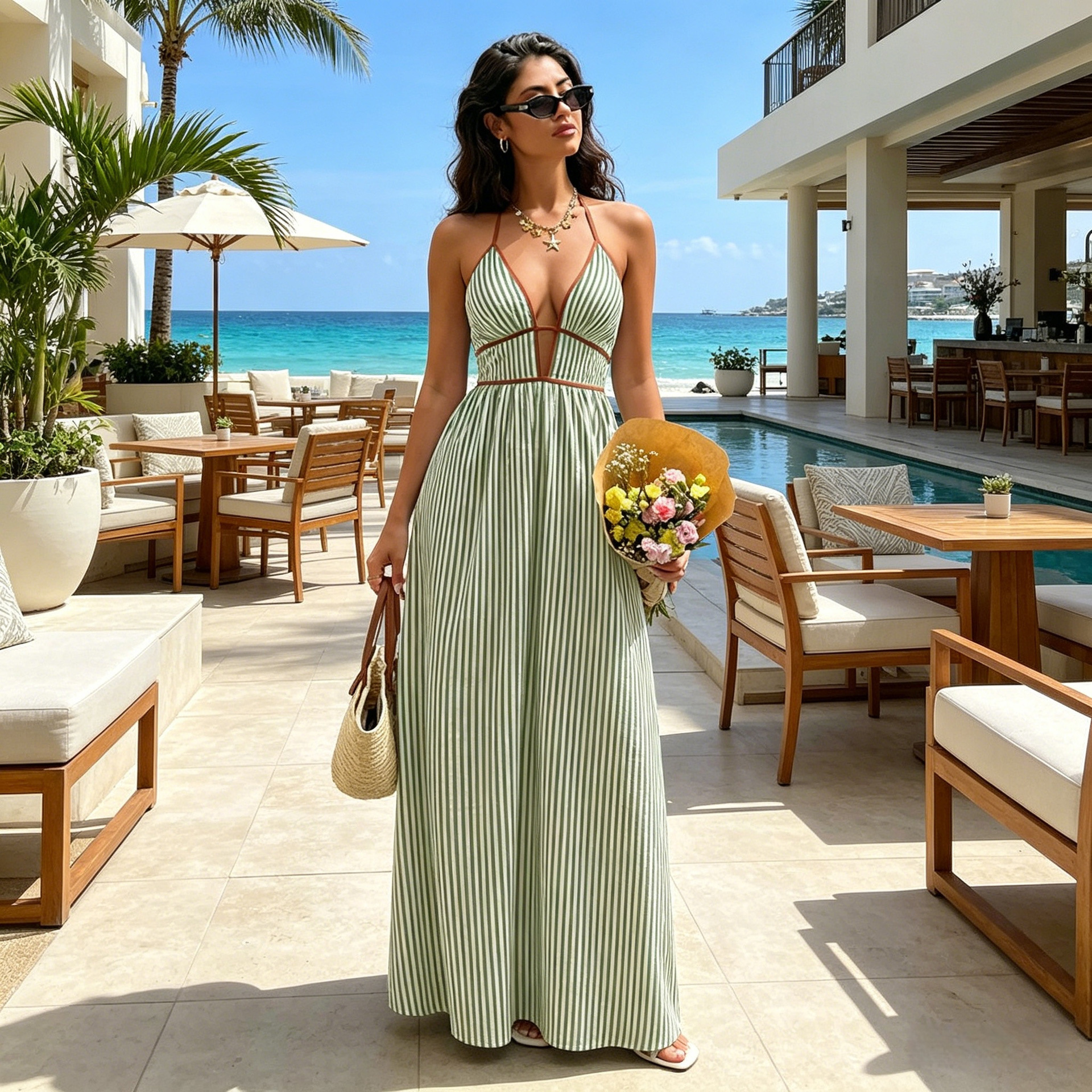 Women's Deep V-Neck Striped Sleeveless Maxi Dress