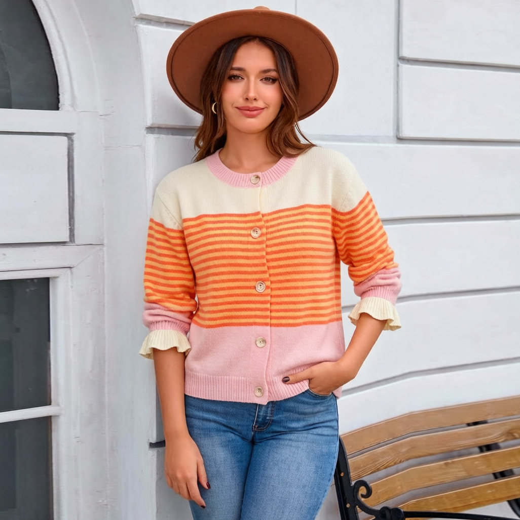 Color-Block Striped Crewneck Knit Cardigan Women's Loose Fit Sweater Coat