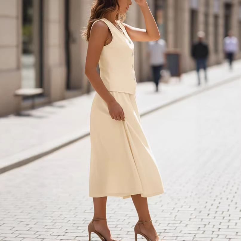 Elegant V-Neck Button Vest and Long Skirt Two-Piece Set