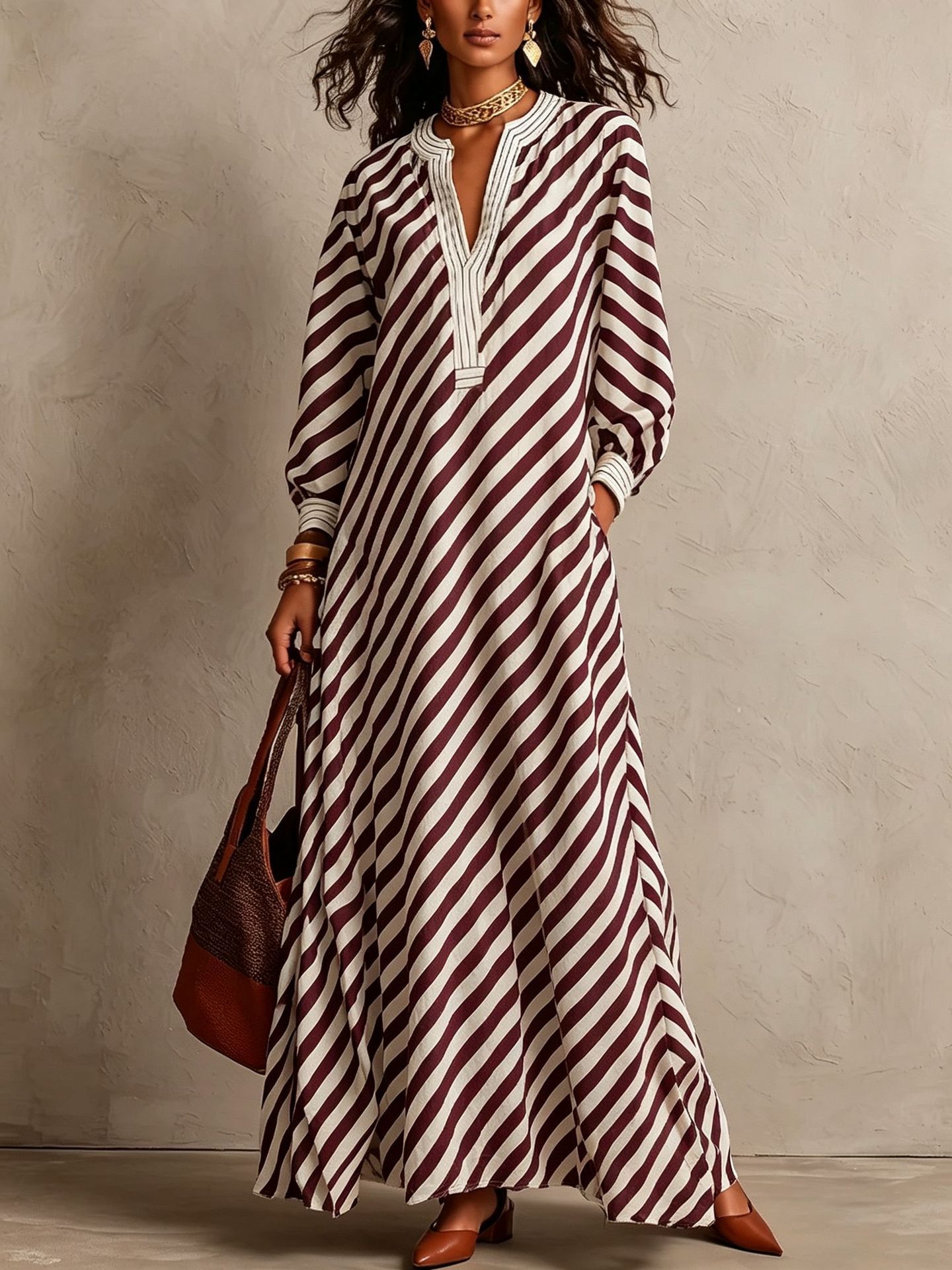 V-Neck Striped Loose Long Dress