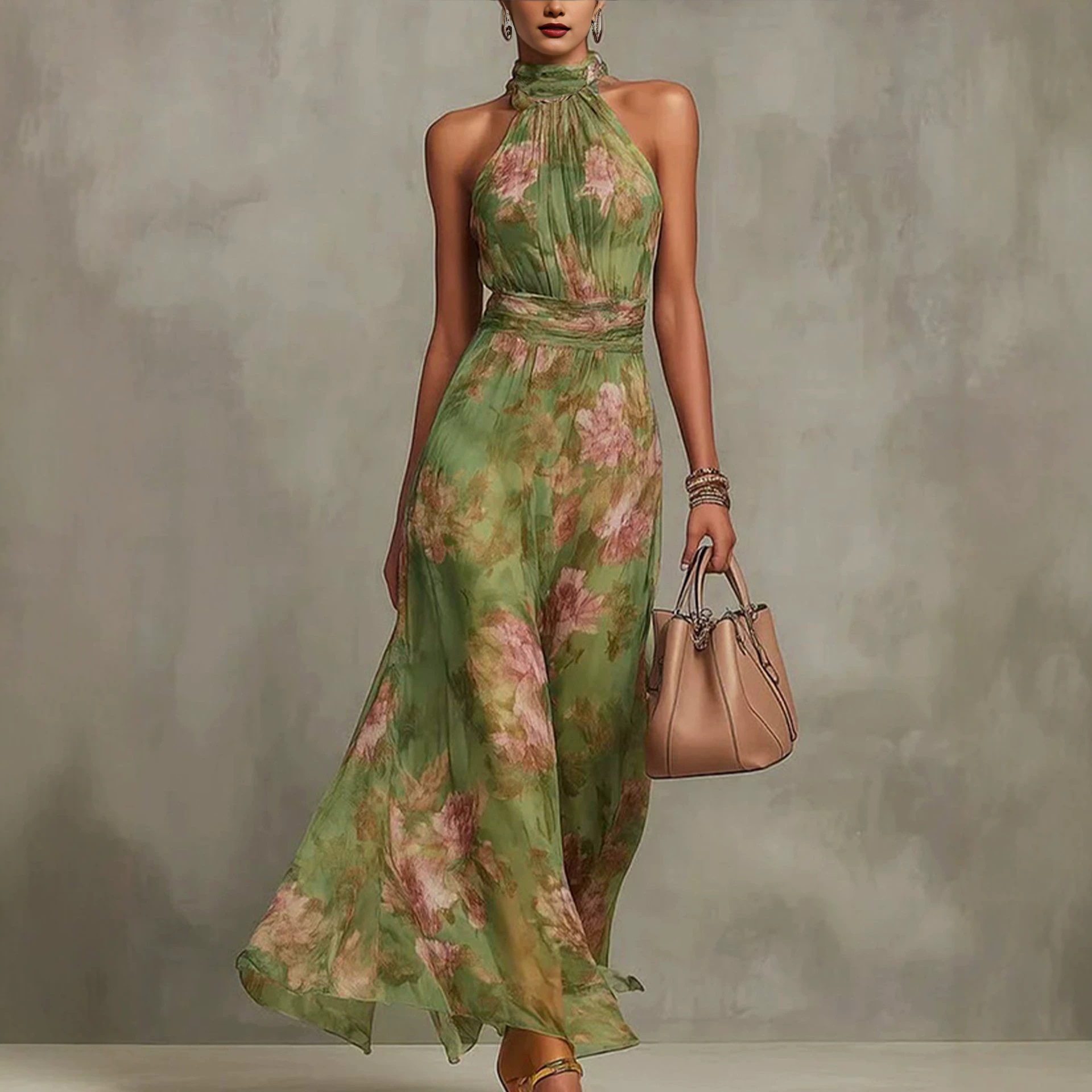 Elegant Floral Halter Midi Dress Sleeveless A-Line