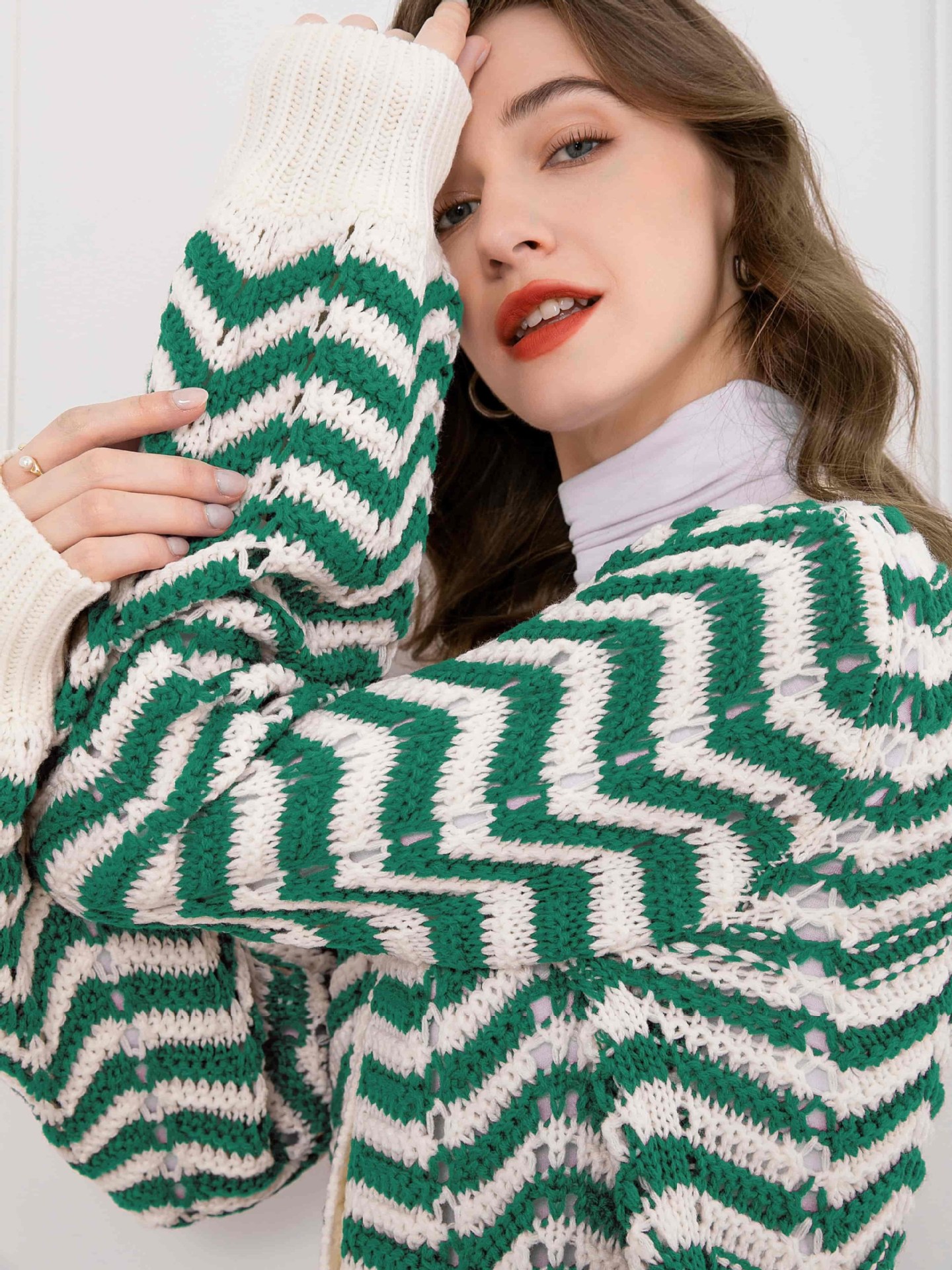 Retro Striped Knit Cardigan V-Neck Button Short Long-Sleeve Hollow-Out Sweater