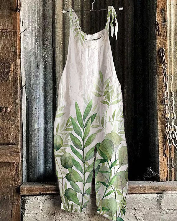 Women's Printed Cotton-Linen Cami Jumpsuit Sleeveless Wide-Leg Beach Romper