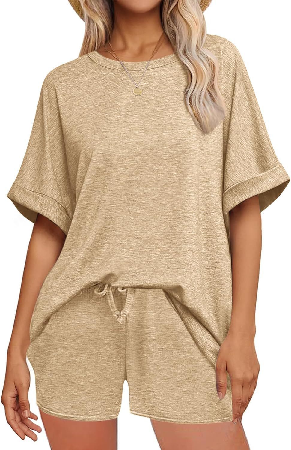 Women's Casual Two-Piece Set Loose Short-Sleeve T-Shirt and Drawstring Shorts Breathable