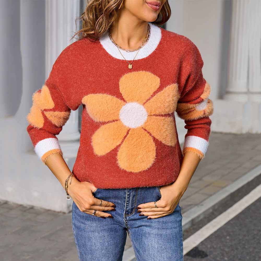 Floral Faux Mink Knit Sweater Long Sleeve Crew Neck Pullover