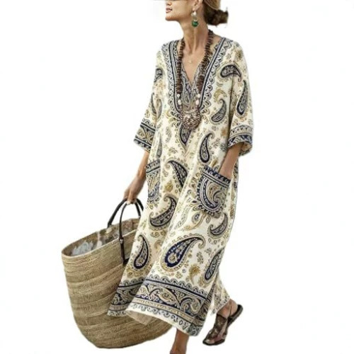Women's Boho V-Neck A-Line Midi Dress with 3D Print