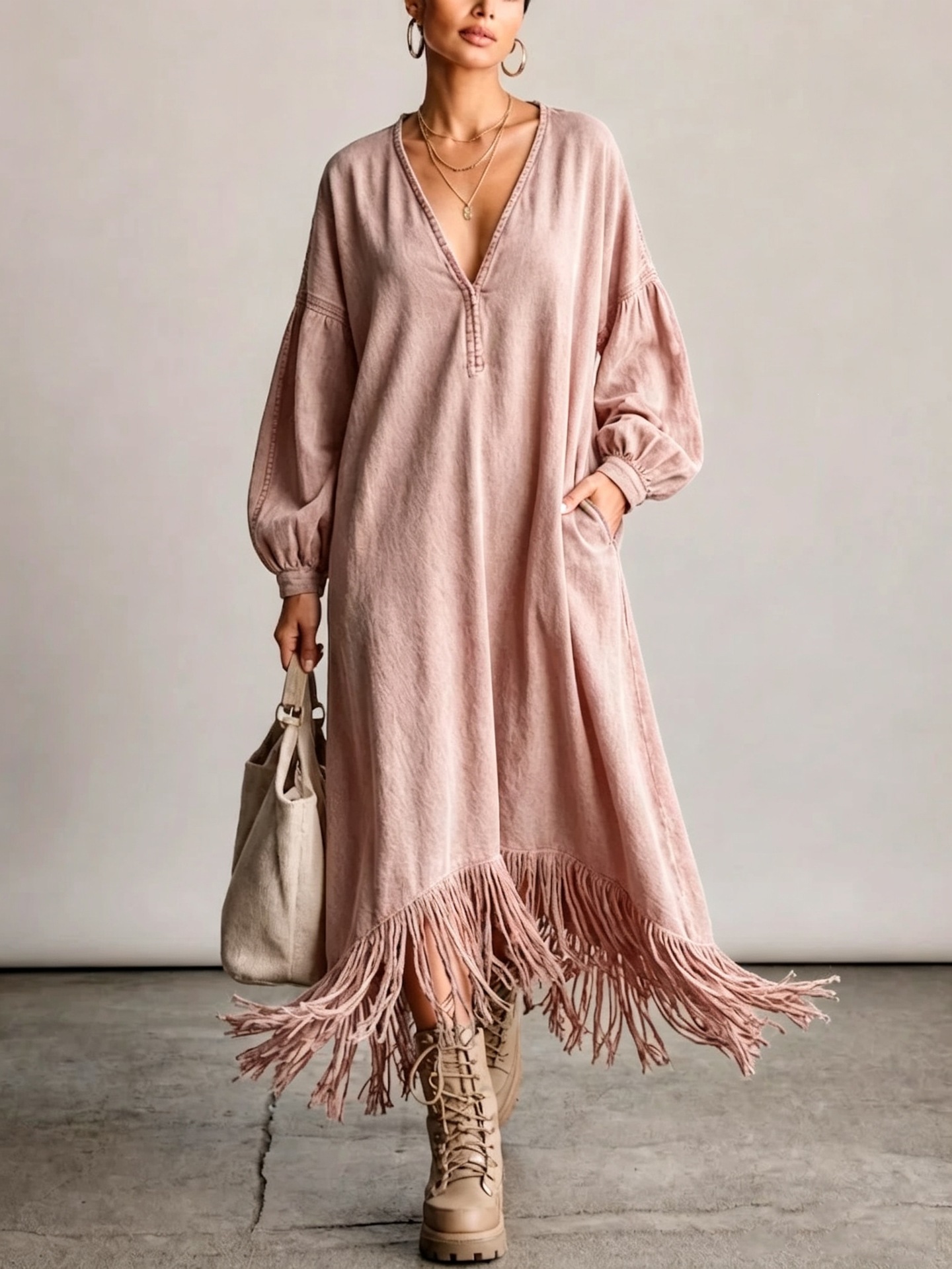 Distressed Washed V-Neck Lantern Sleeve Fringe Maxi Dress with Pockets