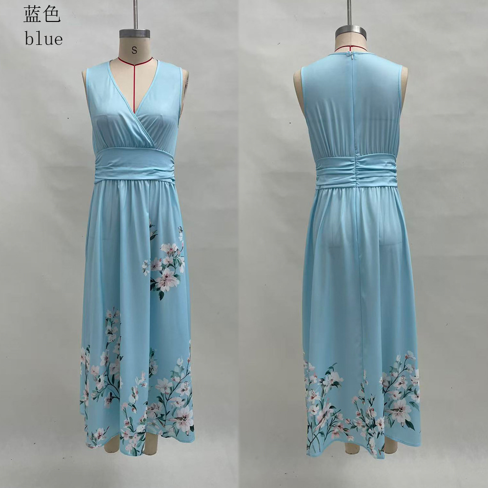 Floral Print Sleeveless V-Neck Pleated A-Line Maxi Dress