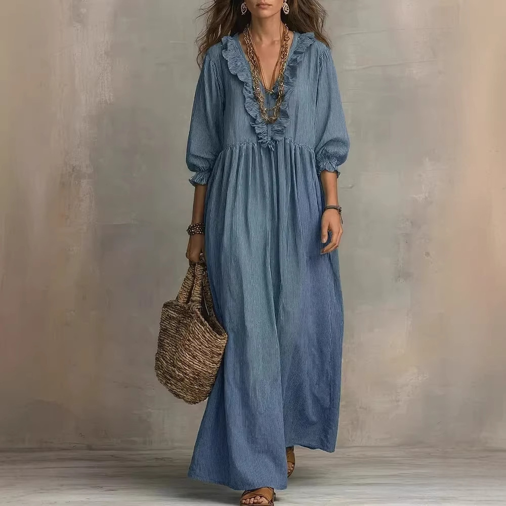 Striped Ruffle High-Waist V-Neck Loose Casual Dress