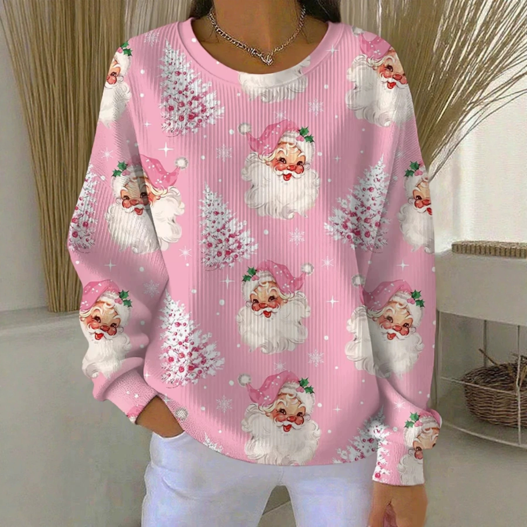 Women's Christmas Santa & Tree Print Crewneck Sweatshirt