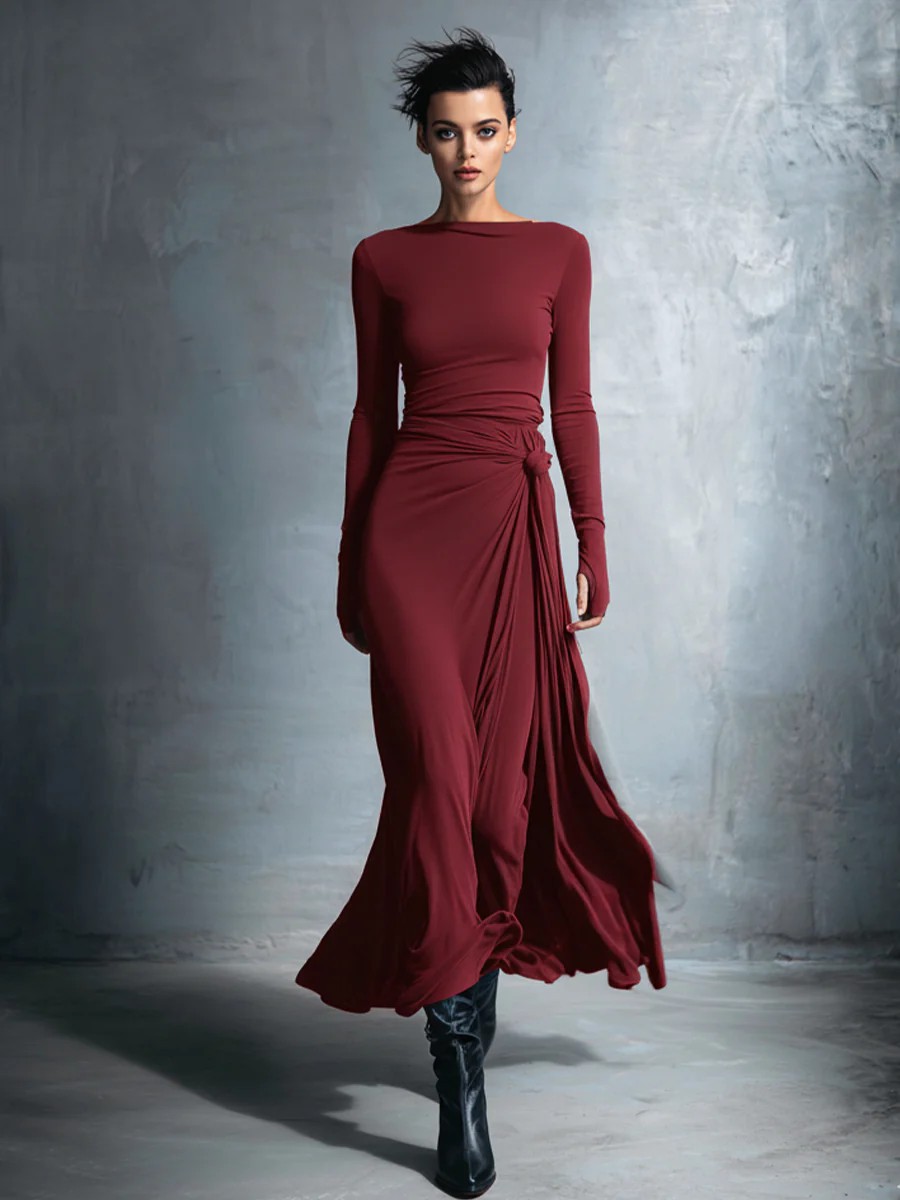 Off-Shoulder Twist Waist Bodycon A-Line Long Dress