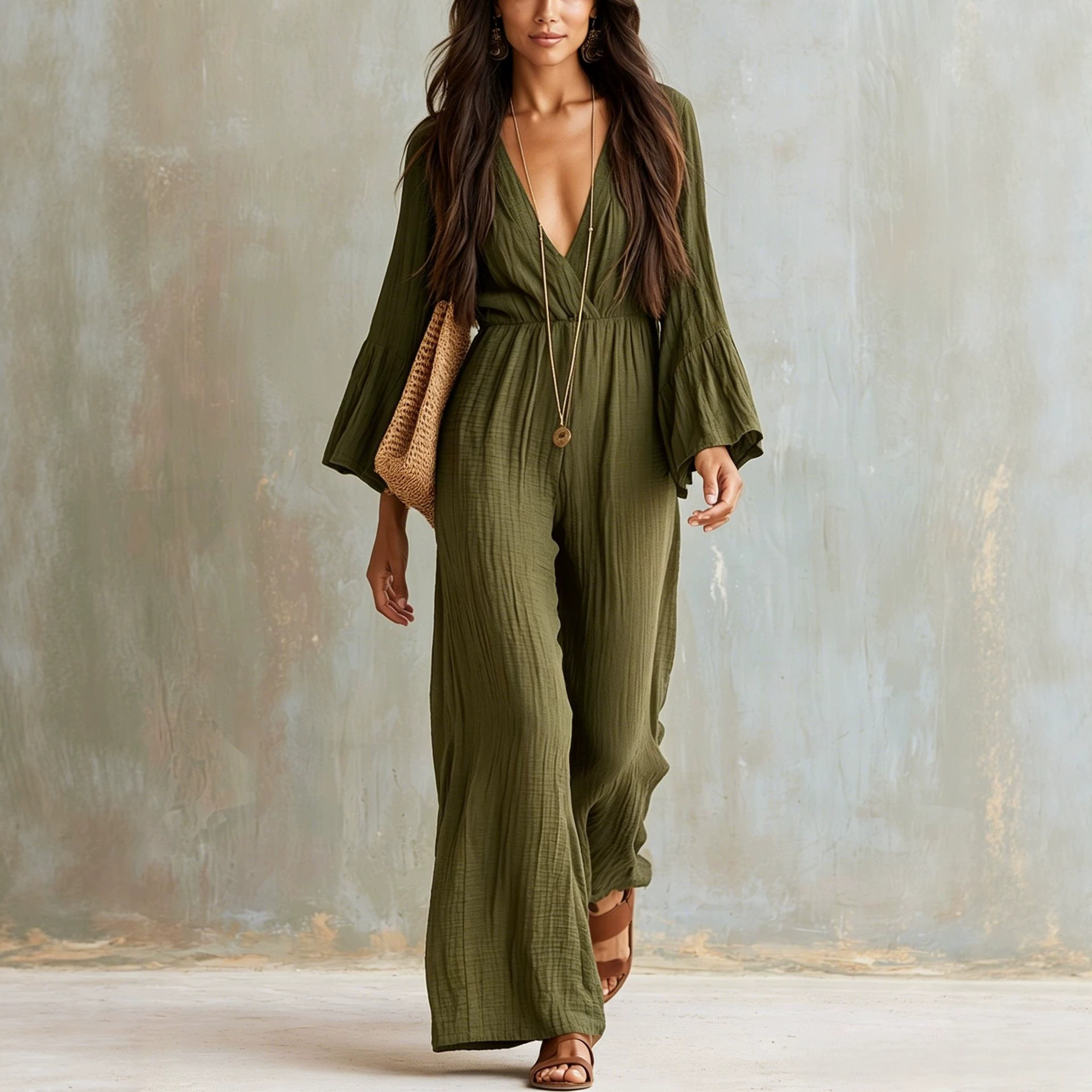 Women's Long Sleeve V-Neck Boho Wide Leg Jumpsuit