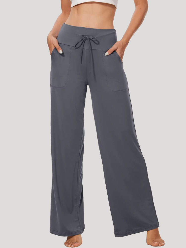 Women's High-Waist Straight-Leg Wide-Leg Pants with Drawstring, Drapey Casual Yoga Trousers