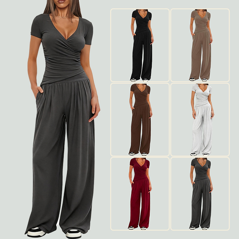 Women's Wide-Leg Pants Set Short Sleeve Two-Piece Casual Commuter