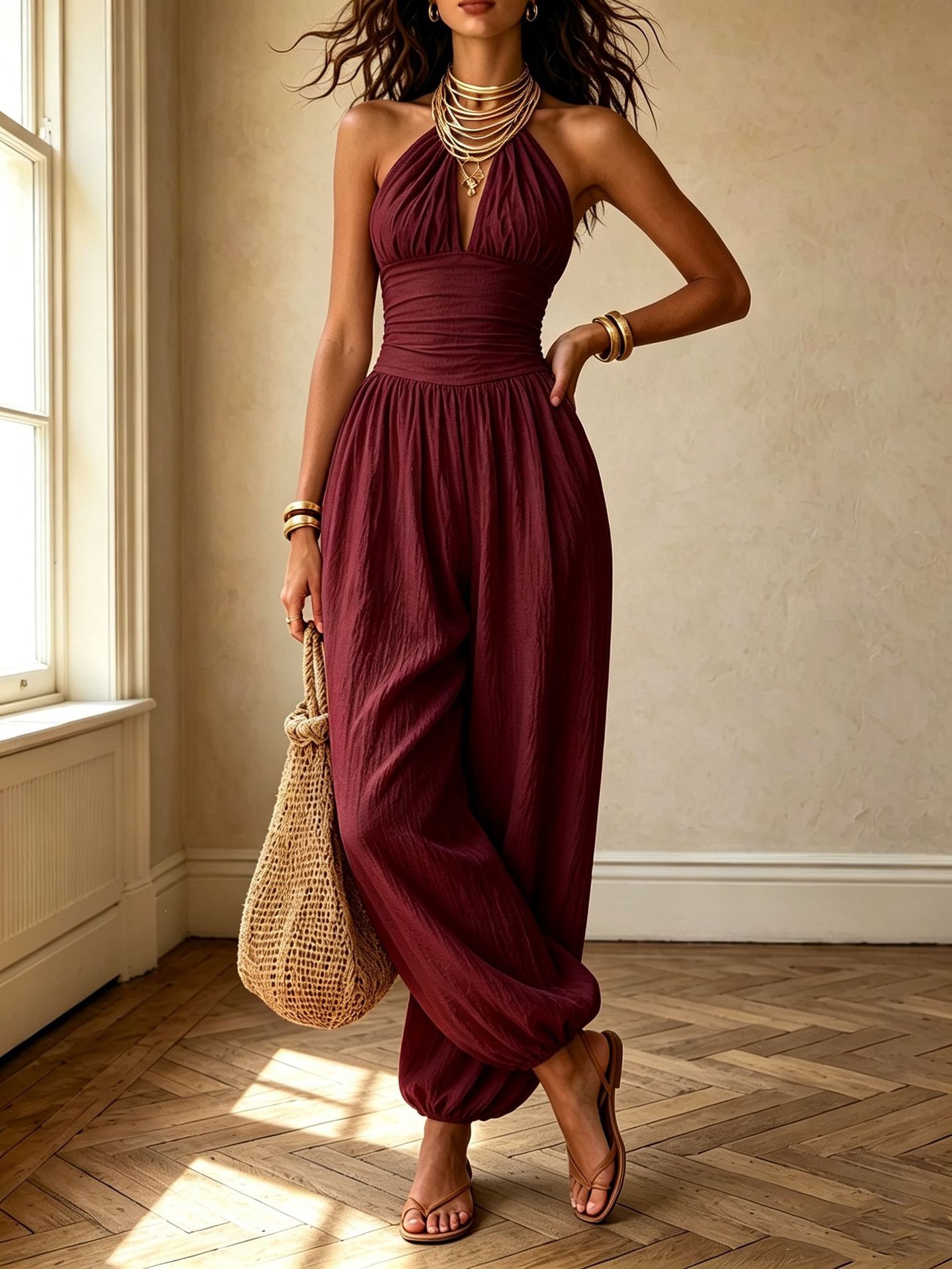 Women's Halter Sleeveless Wide-Leg Jumpsuit Solid Color Loose Vacation Long Pants
