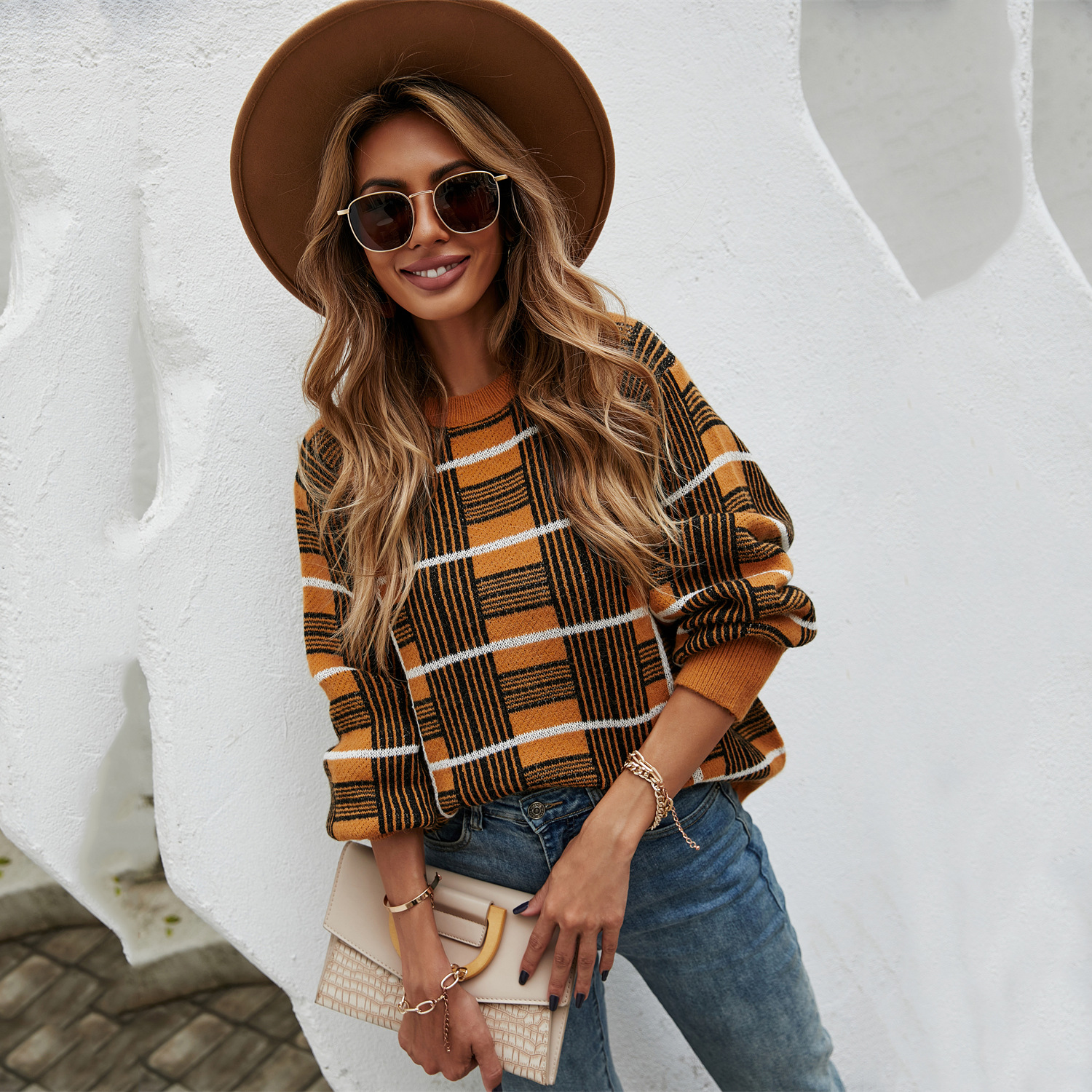 Plaid Pullover Sweater Women's Crewneck Long Sleeve Knit Top