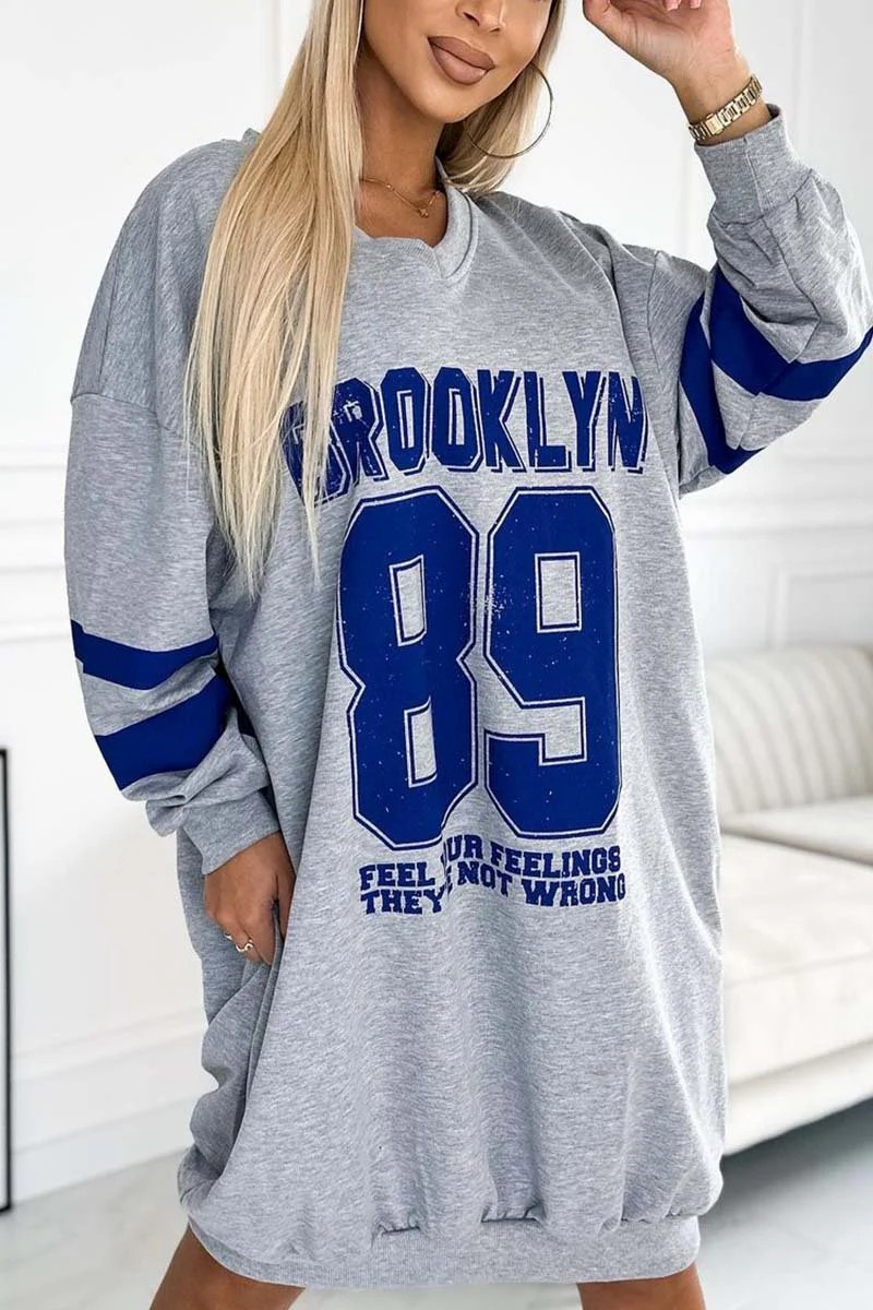 Women's Casual Letter Print Sweatshirt Dress V-Neck Long Sleeve A-Line Midi