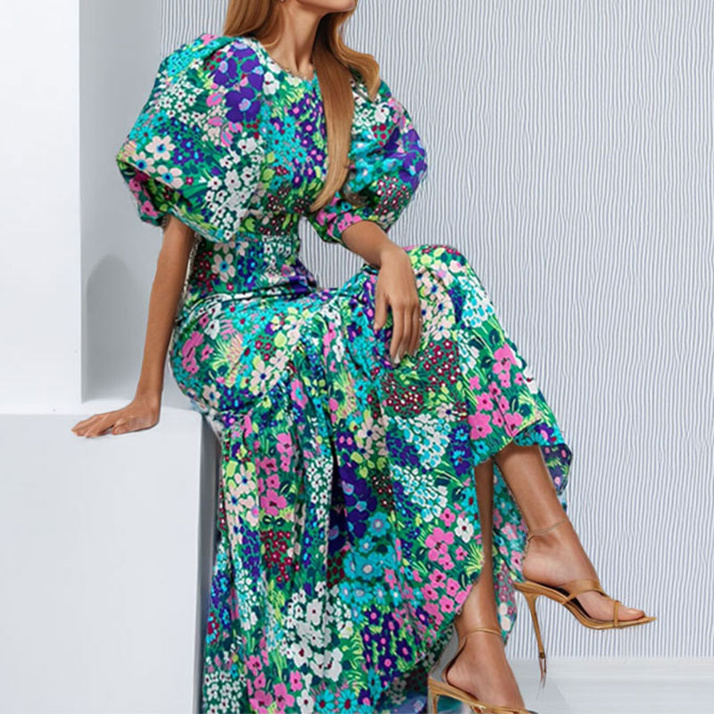 Floral Print Puff Sleeve Slim Fit Midi Dress