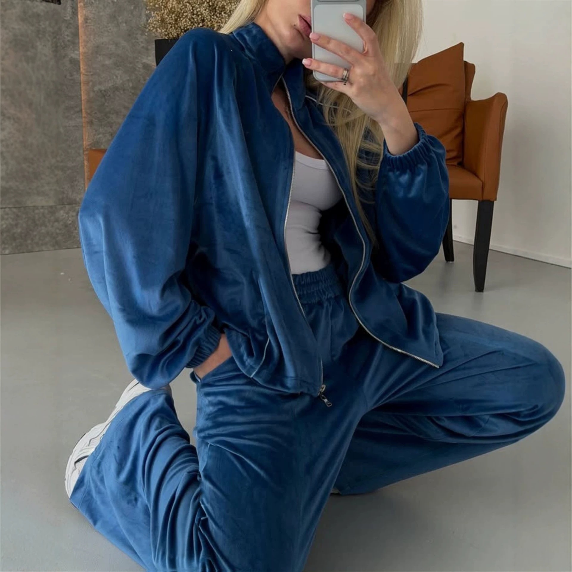 Velvet Two-Piece Set: Zip Cardigan & Wide-Leg Pants