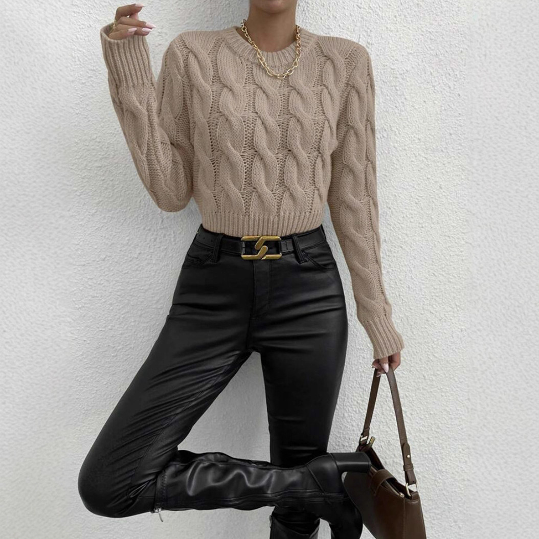 Women's Cable Knit Crewneck Pullover Sweater Solid Color