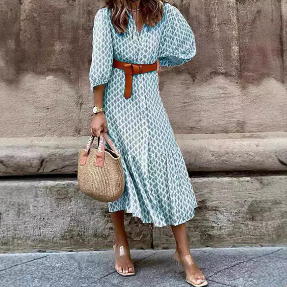 Floral Print V-Neck Lantern Sleeve Slit Dress