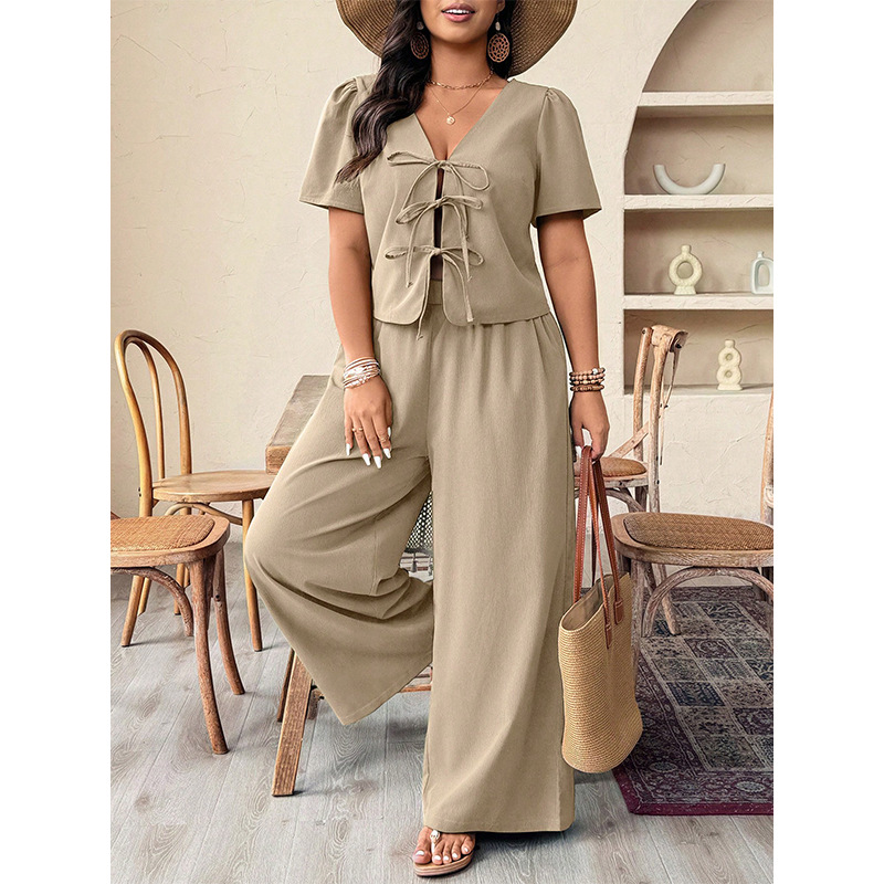 Plus Size Khaki Tie-Front V-Neck Back Cutout Top and Wide-Leg Pants Set