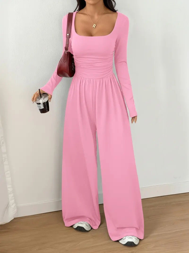 Women's Solid Color Long Sleeve Wide Leg Jumpsuit Casual Minimalist