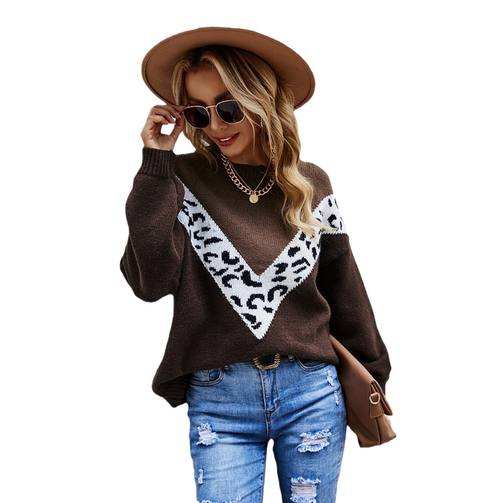 Leopard Print Crewneck Pullover Knit Sweater