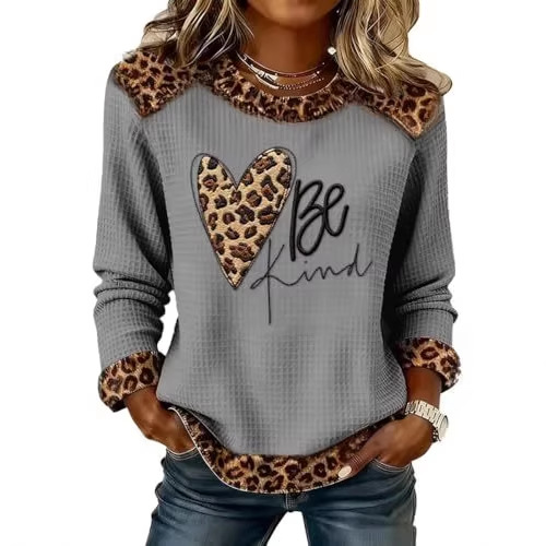 Women's Heart Leopard Print English Waffle Graphic Sweatshirt