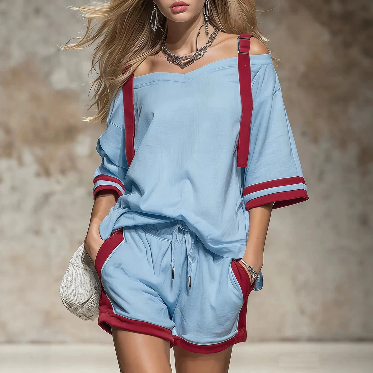 Women's Off-Shoulder Colorblock T-Shirt Set Casual Summer