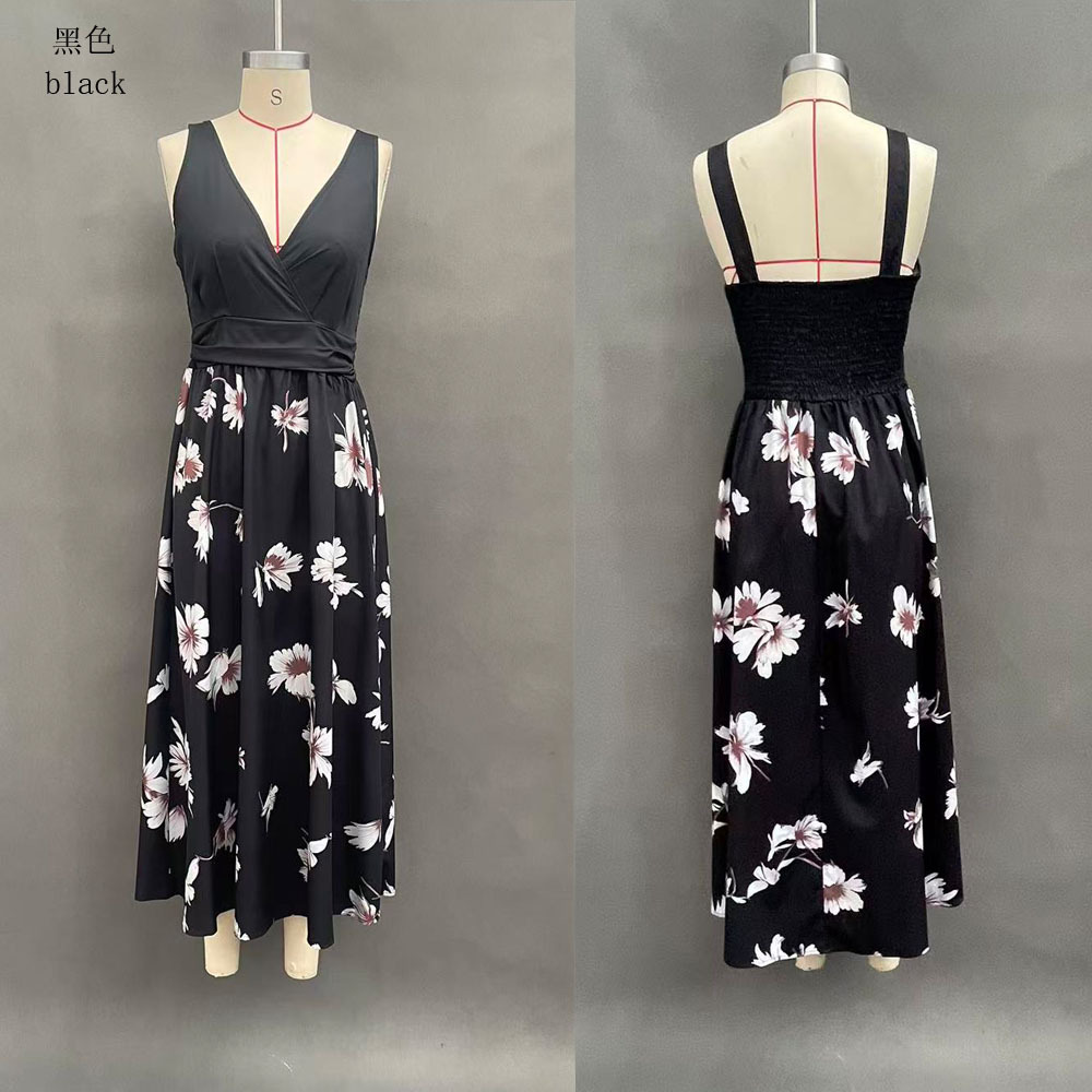 Sexy V-Neck Floral Print Sleeveless Open-Back High-Waist A-Line Maxi Dress