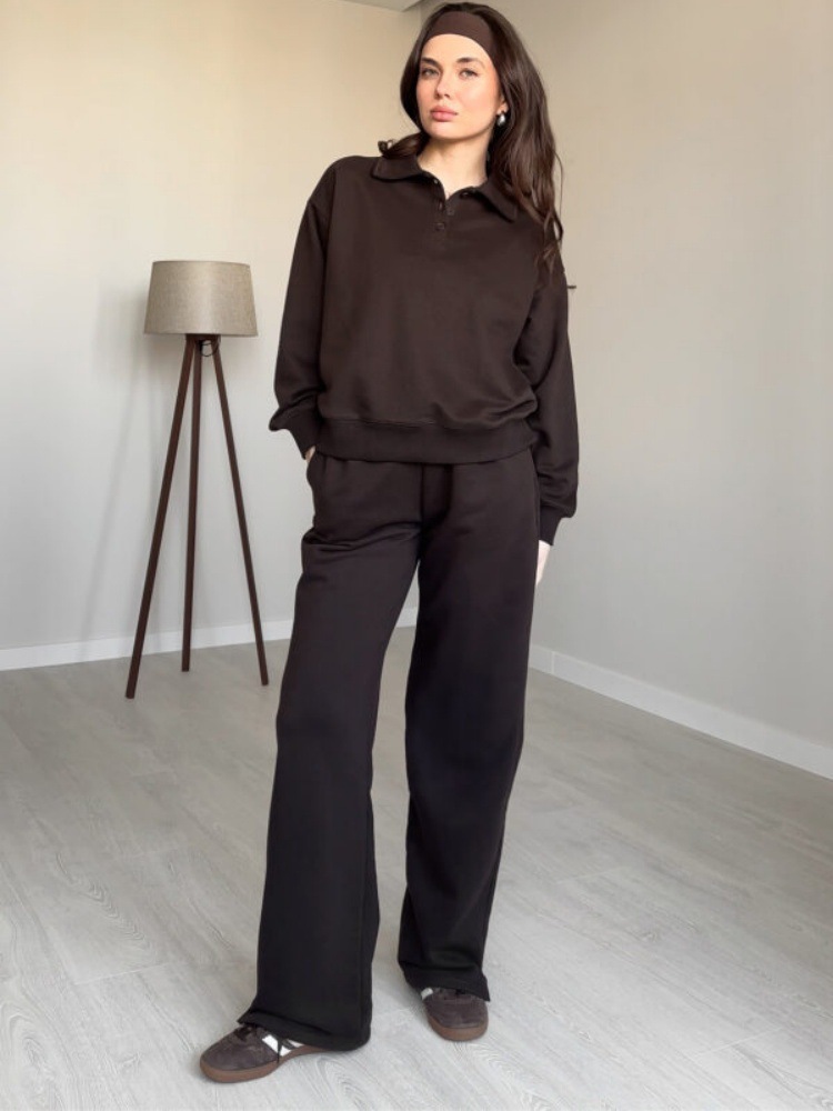 Women's Solid Color Button Hoodie and Pants Two-Piece Set with Collar
