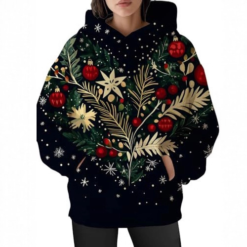 Women's Christmas Print Hoodie with Lantern Leaf Motif