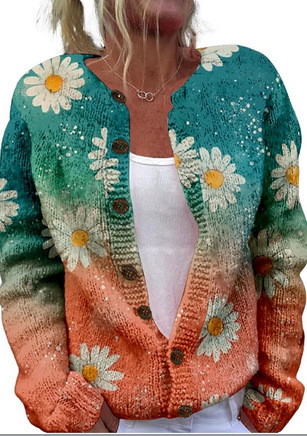 Women's Heart Print Button Cardigan Sweater
