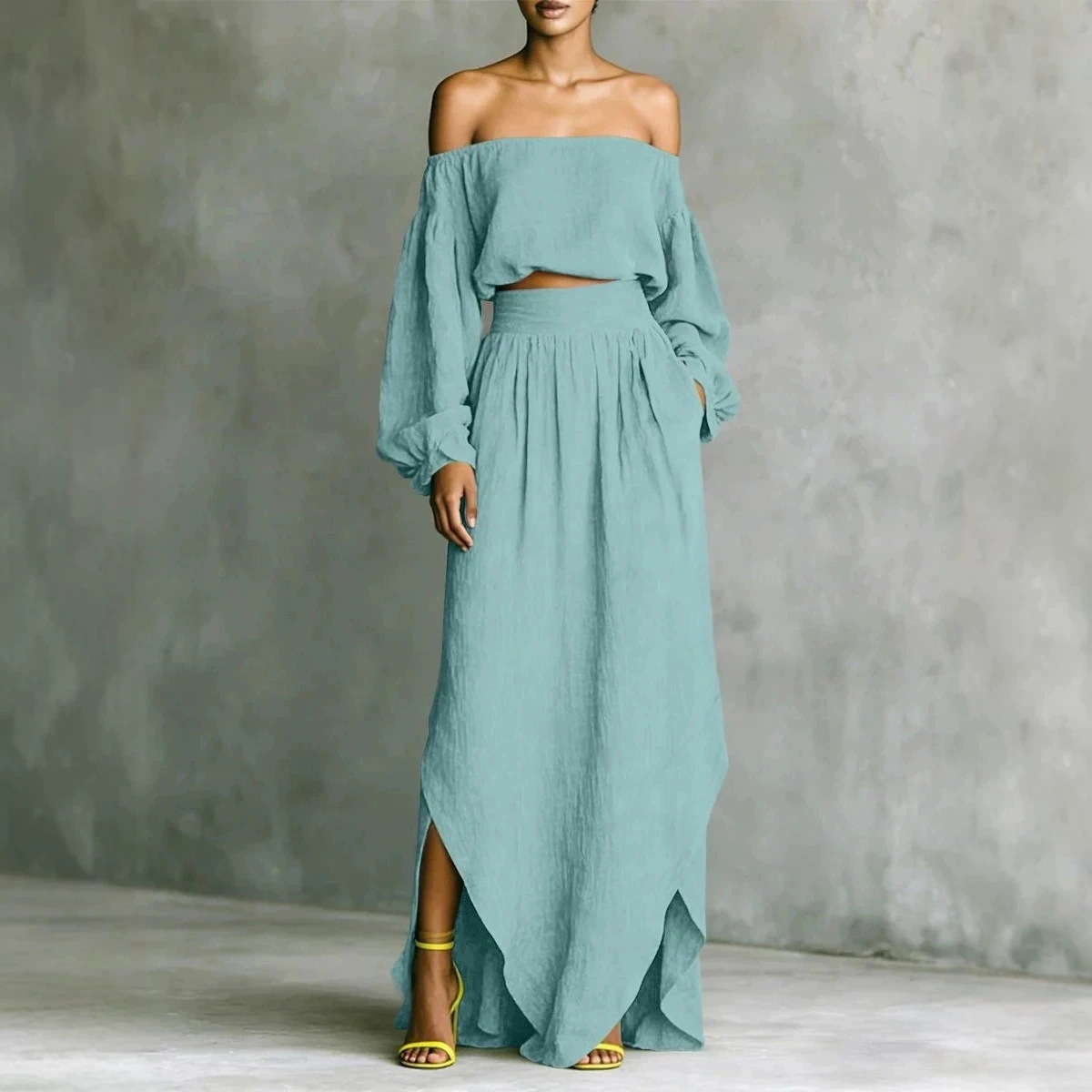 Women's Off-Shoulder Top and Asymmetrical Skirt Two-Piece Set