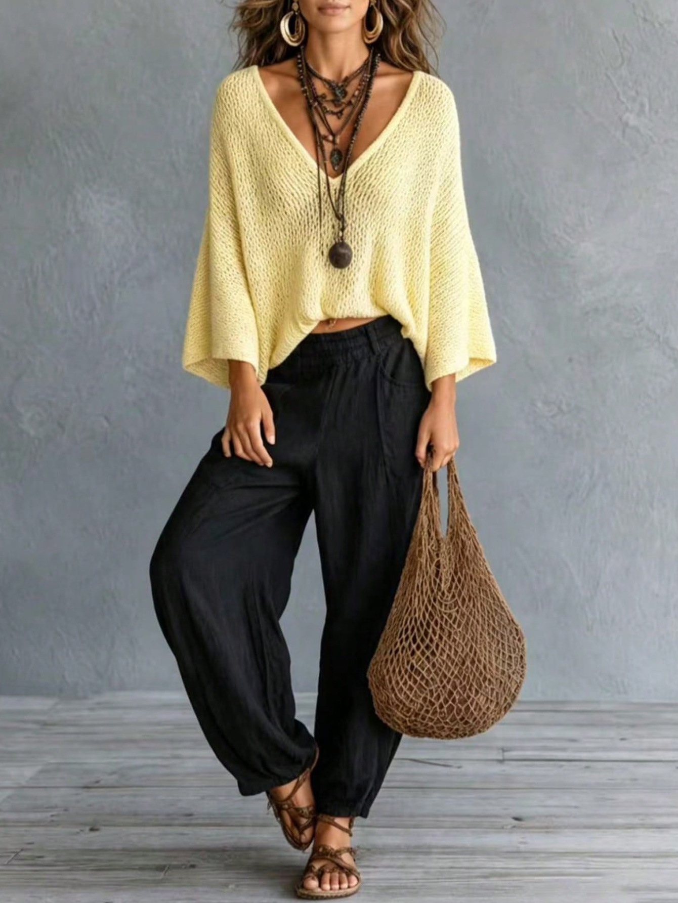 Women's Retro Open-Knit V-Neck Dolman Sleeve Pullover Sweater