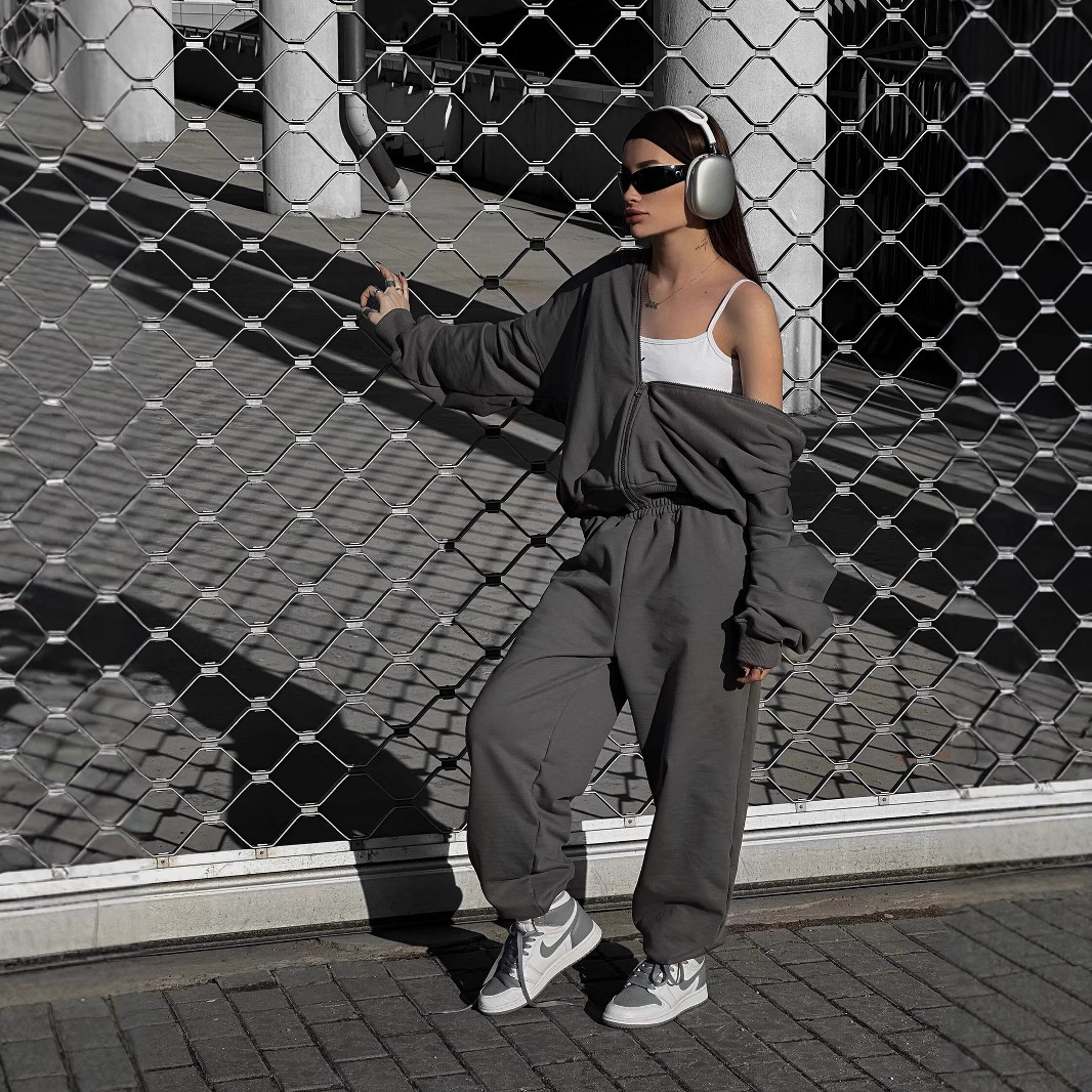 Women's Casual Hooded Zip Cardigan & Pants Two-Piece Set Streetwear
