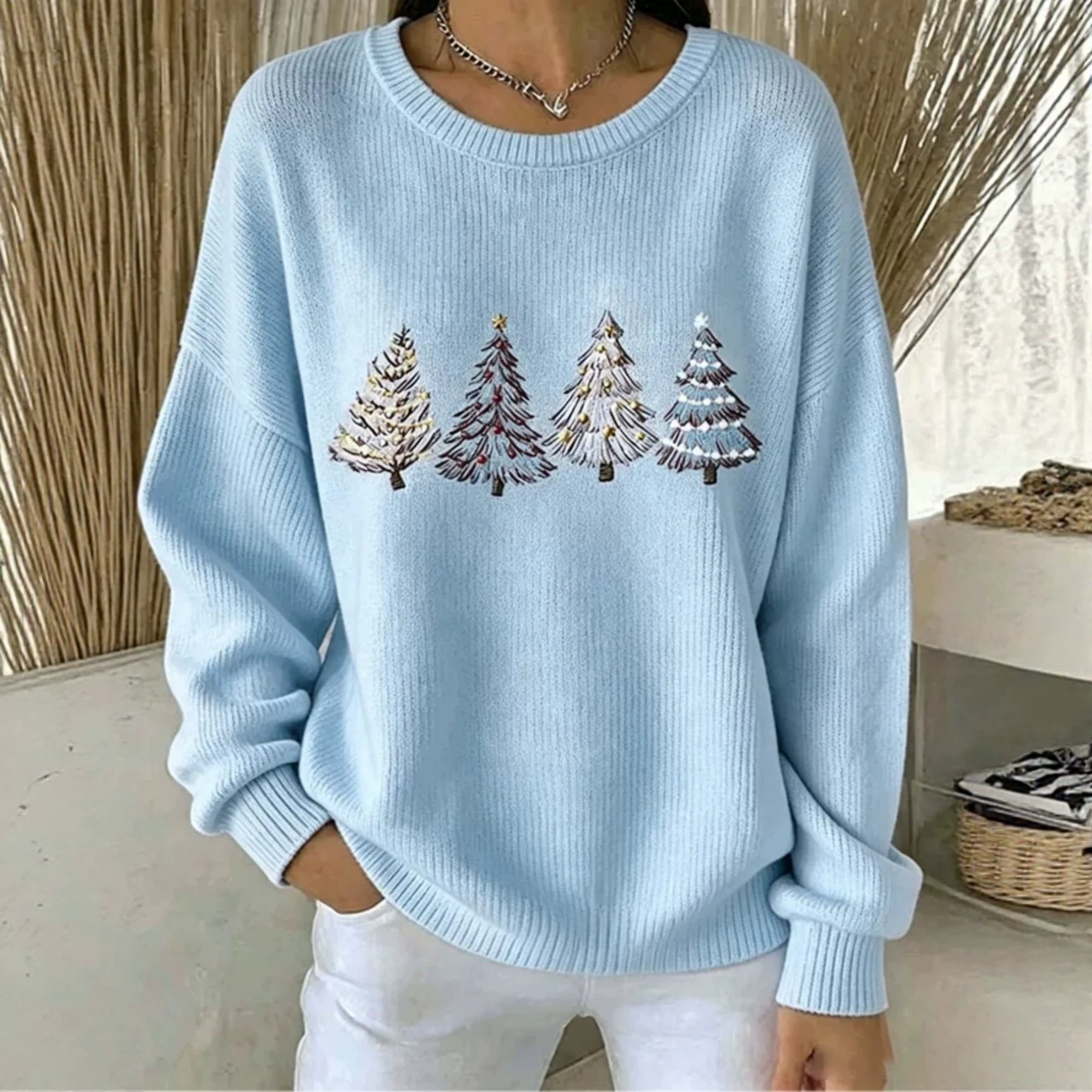 Forest Tree Print Crewneck Long Sleeve Pullover Sweatshirt