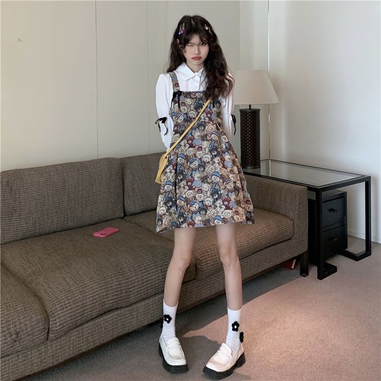 Sweet Bow Long-Sleeve Shirt Dress with Bear Print and Faux Two-Piece Suspender Skirt