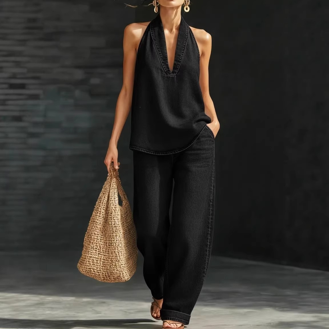 Women's Vintage Washed Denim Two-Piece Set with Straight-Leg Pants