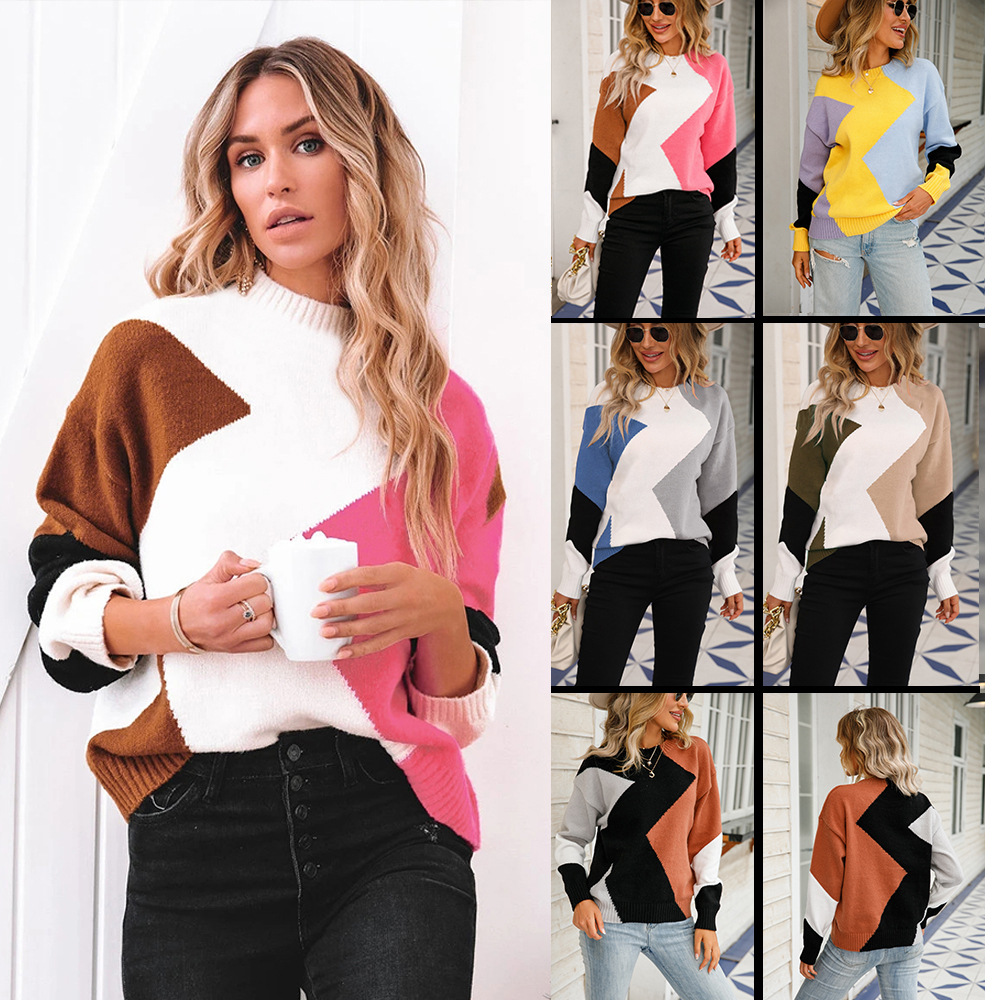 Diamond Pattern Crewneck Pullover Sweater Long Sleeve Knit Top