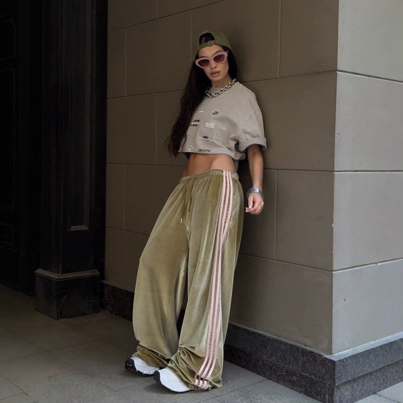 Velvet Side-Stripe Wide-Leg Drawstring Sweatpants