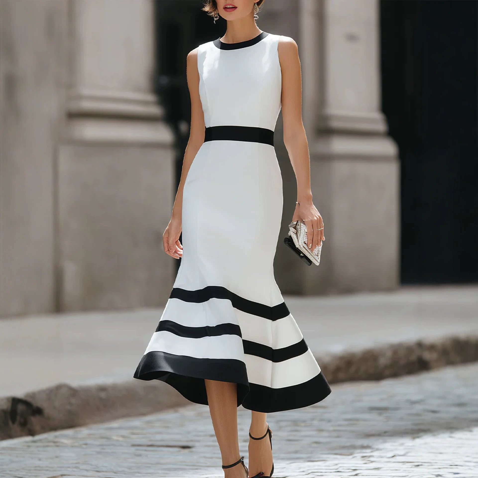 Women's Summer Plus Size Sleeveless Midi Dress Korean Loose Colorblock Flared