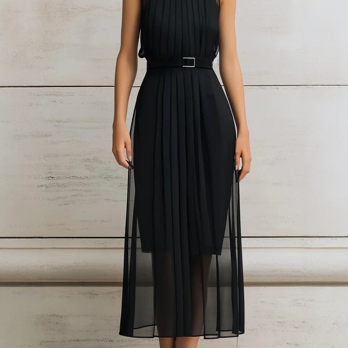 Black High Neck Sleeveless Mesh Panel Bodycon Midi Dress