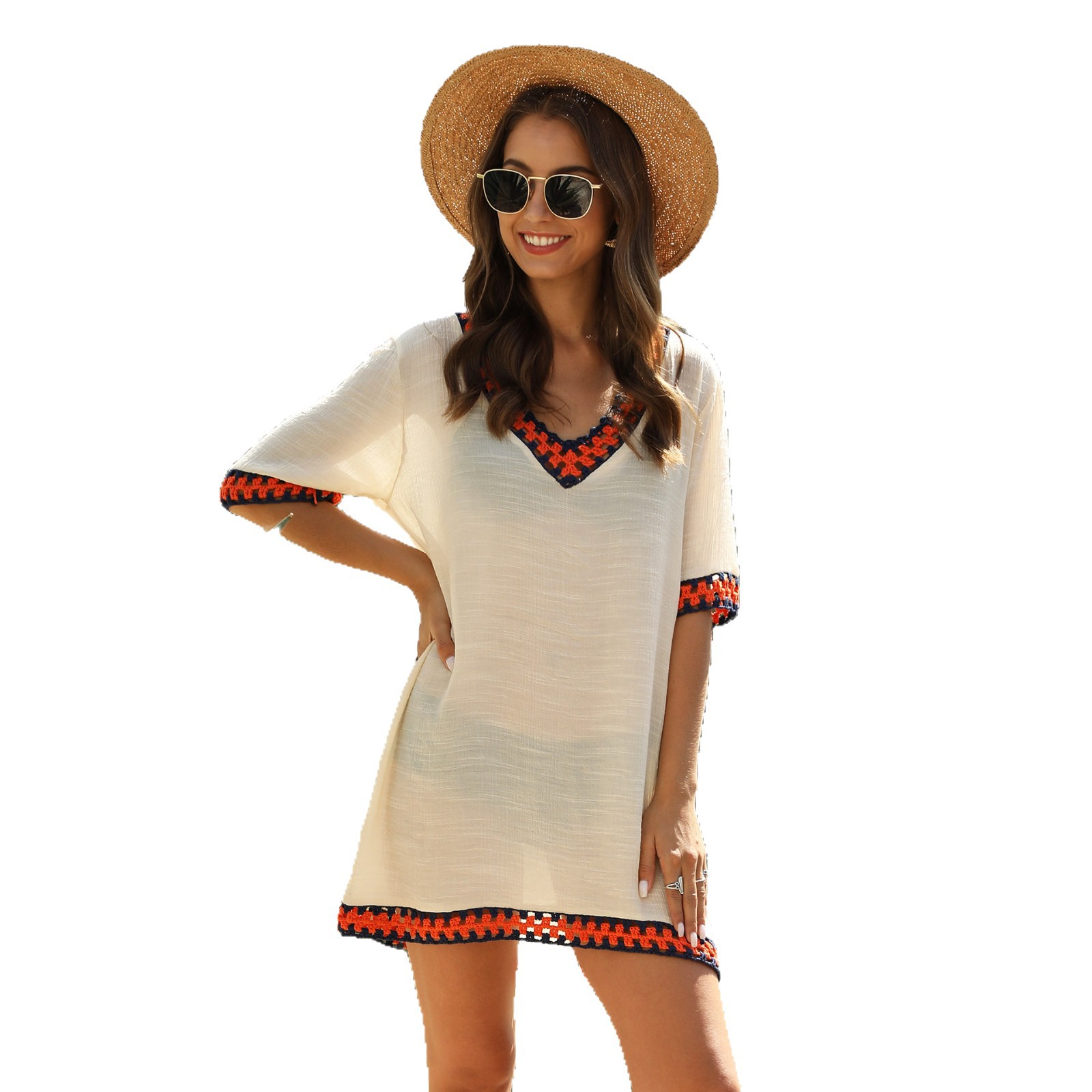 Women's Crochet Hollow-Out V-Neck Short Sleeve Colorblock Loose Beach Cover-Up