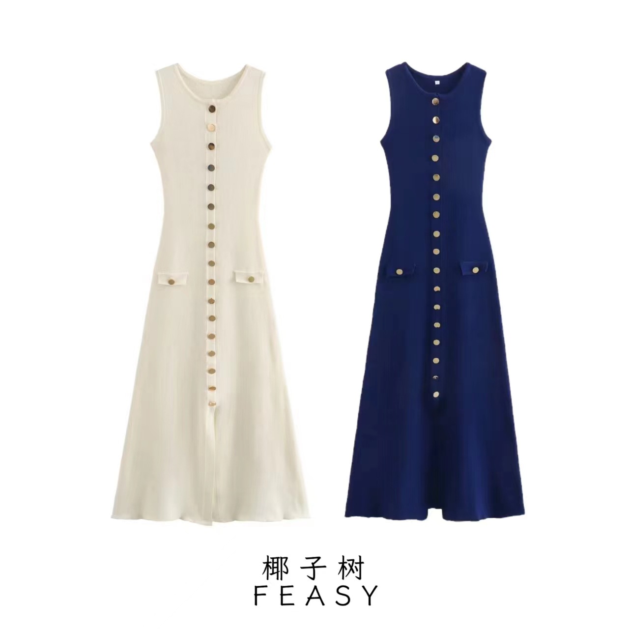 Metal Button Knit Bodycon Dress