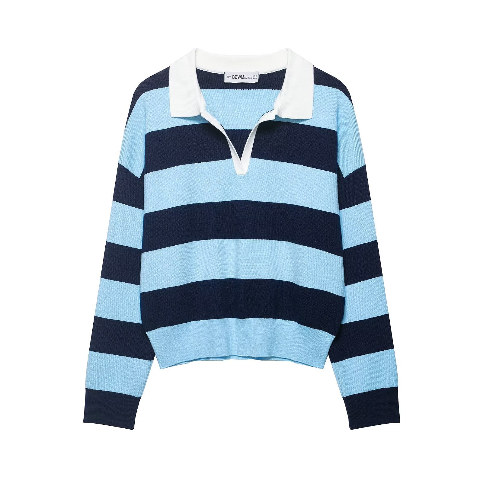 Women's Color-Block Striped Polo Neck Long Sleeve Knit Sweater