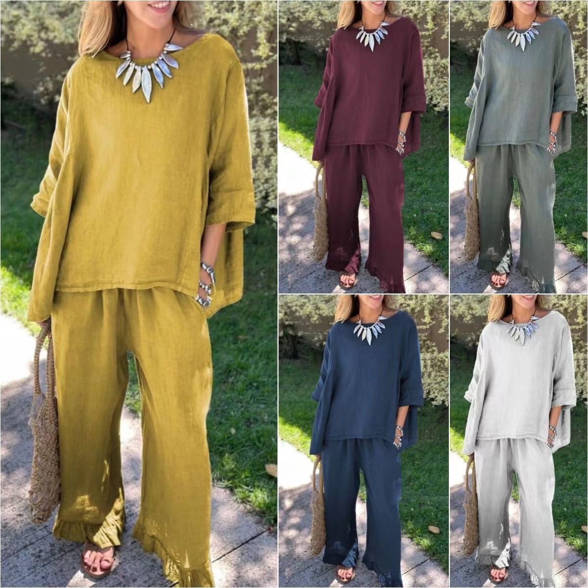 Women's Cotton-Linen Two-Piece Set Casual Solid Color Long Pants Outfit