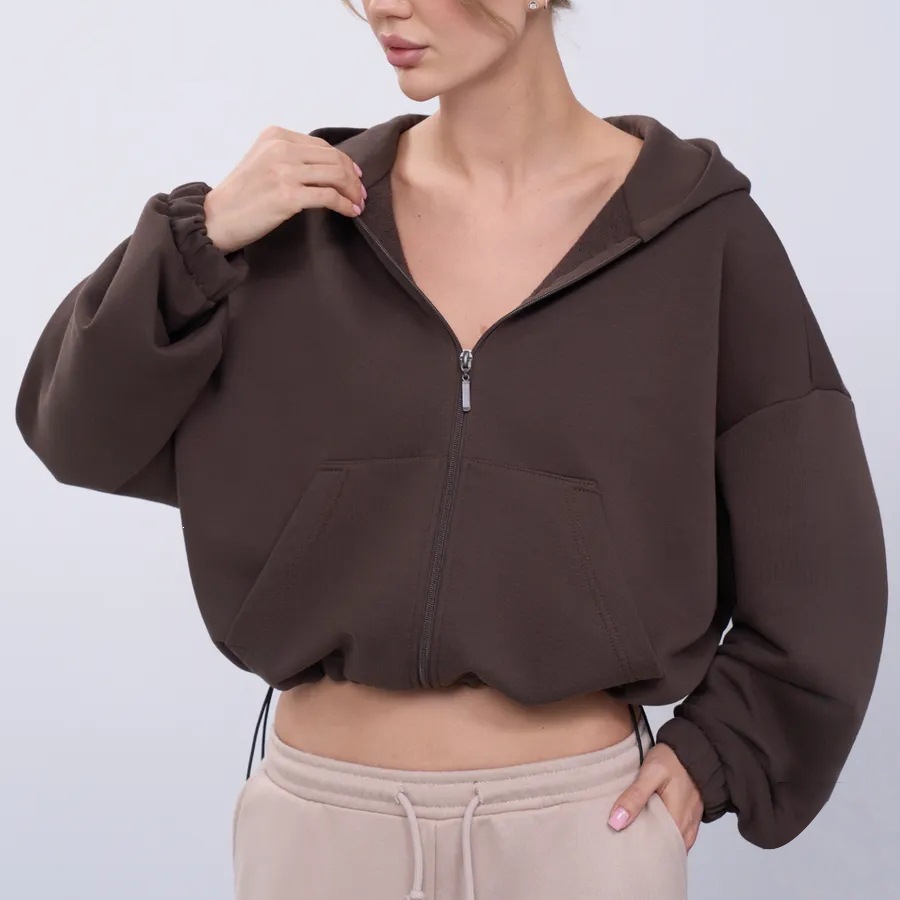 Women's Solid Color Hooded Zip-Up Waist-Cinching Short Jacket